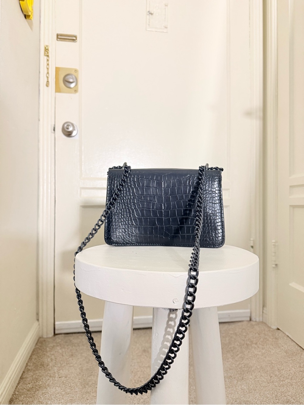 Black Croc-Embossed Leather Shoulder Bag with Silver Horsebit Accent - Picture 6 of 7